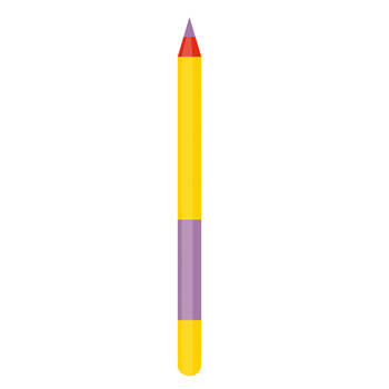 A yellow crayon with a purple and red tip, standing upright.