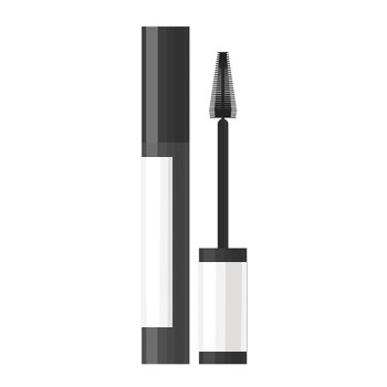 Black mascara with an applicator brush, in a sleek packaging with a white label.
