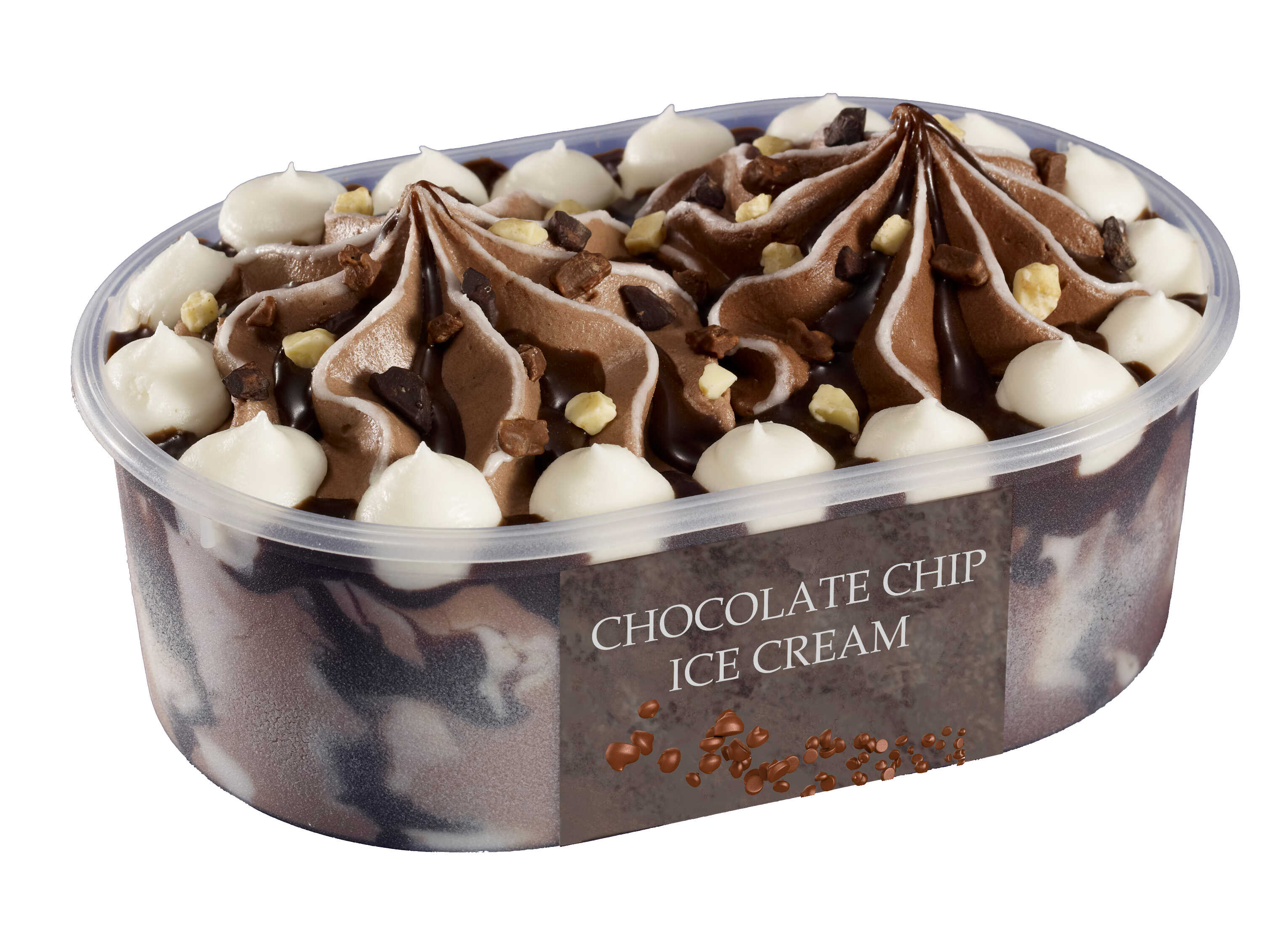 Chocolate ice cream with chocolate chunks, decorated with dollops of whipped cream and chocolate swirls in a clear packaging.