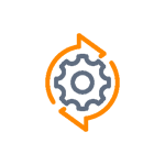 Gear symbol in the center of a circular design, surrounded by orange arrows representing movement or a process.