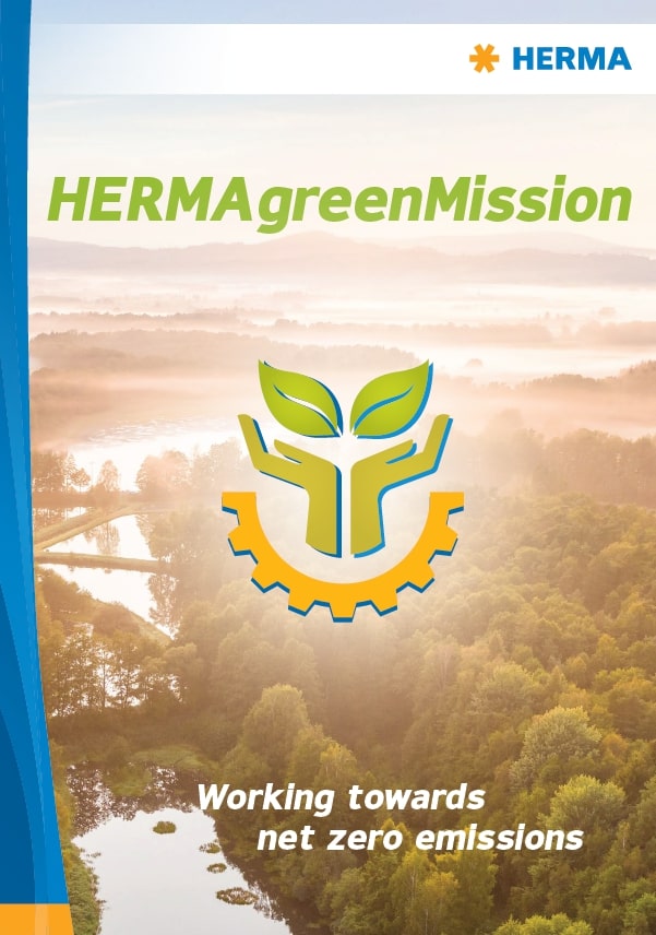 HERMAgreenMission logo featuring a leaf and hands, surrounded by a gear shape. Text: 'On the path to net zero emissions.