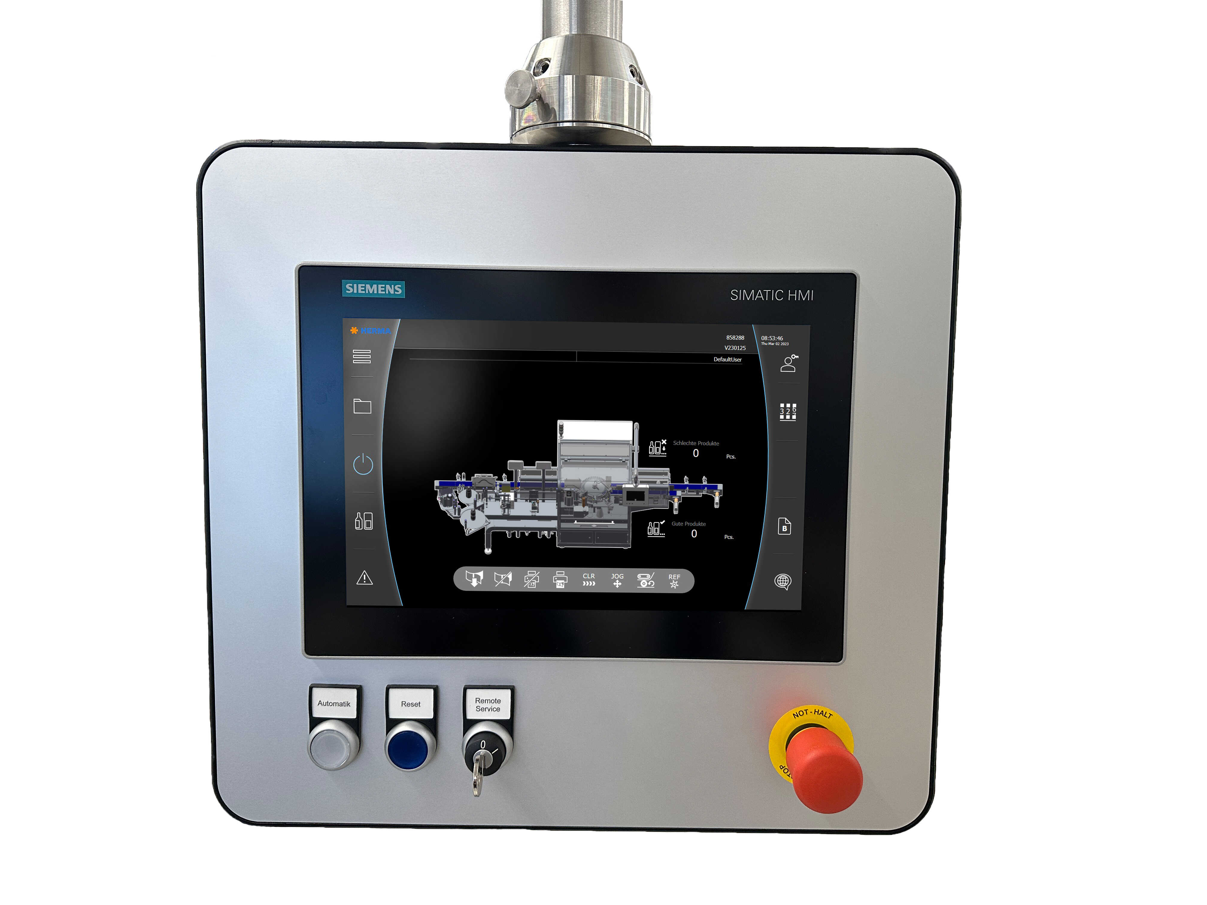 Control unit with touchscreen from Siemens, displaying technical information and controls for industrial applications.