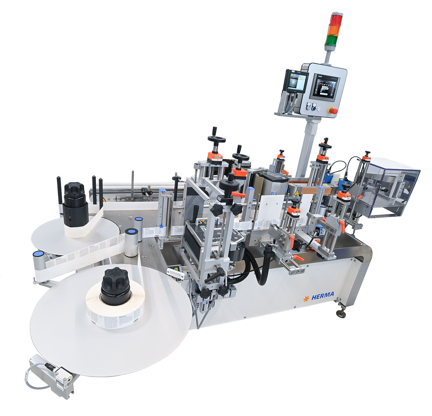 Automatic labeling machine with multiple stations, equipped with rollers and a control panel to manage the labeling process.
