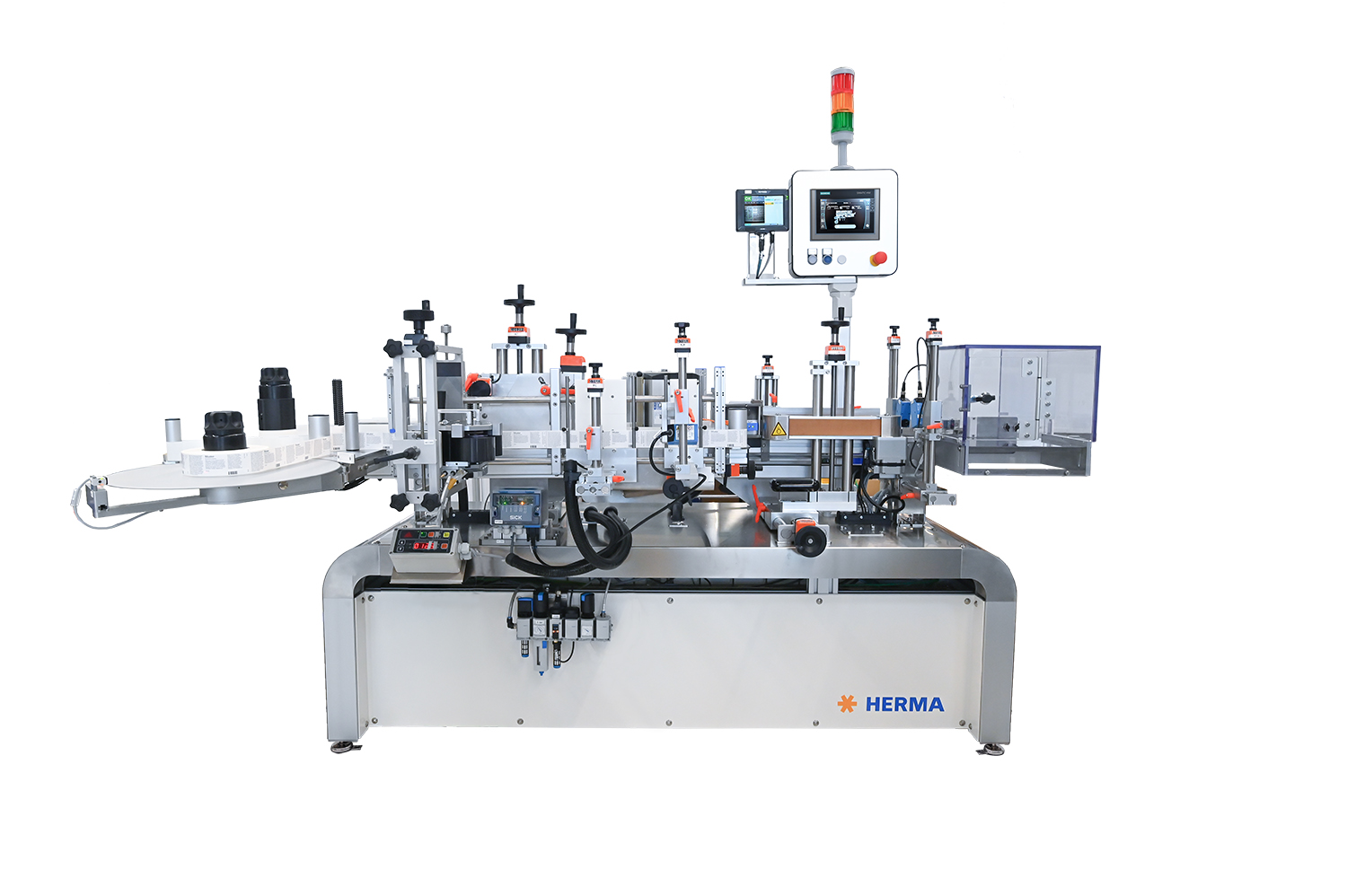 Automatic labeling machine with multiple stations, control unit, and safety indicators, suitable for various containers.