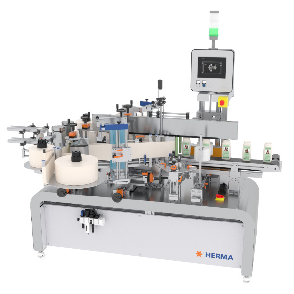 Labeling machine with multiple stations, equipped with a control panel and various holders for bottles and labels.