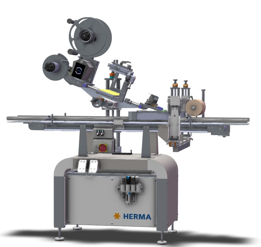 Automatic labeling machine with multiple rolls and a sturdy frame, equipped with control elements and a labeling mechanism.