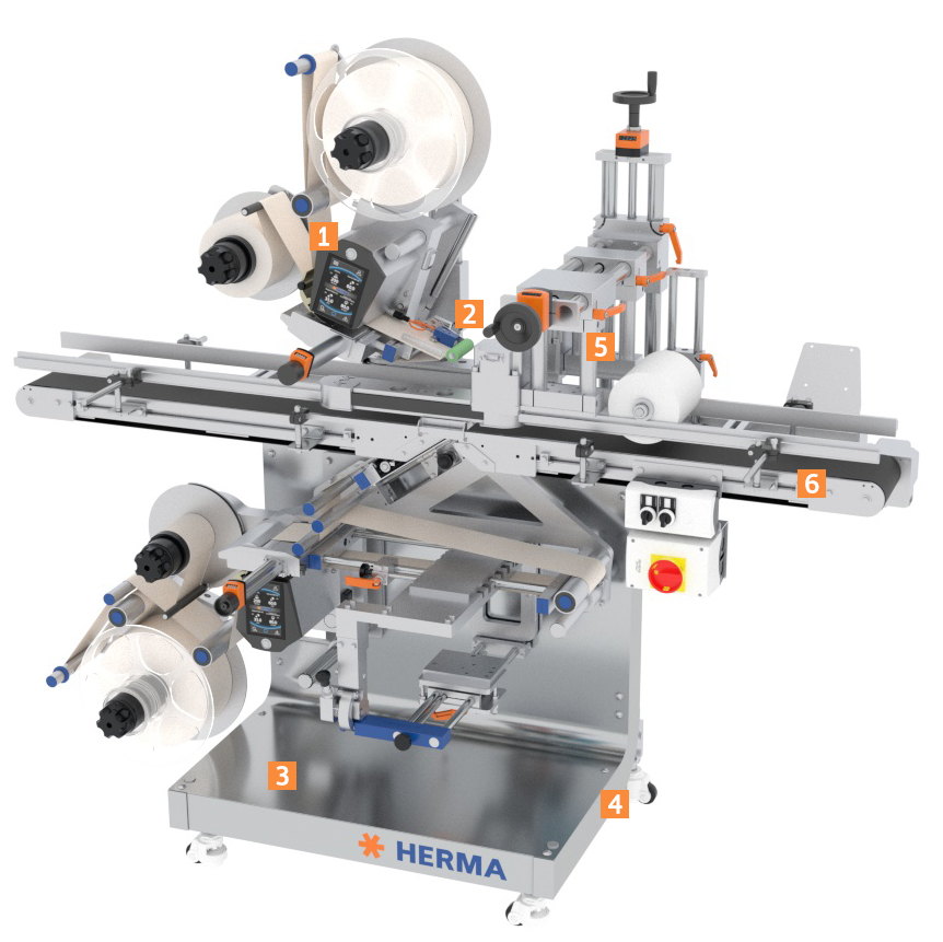 Automatic labeling machine with multiple rolls, control unit, and conveyor belt. Components for customization and labeling are visible.