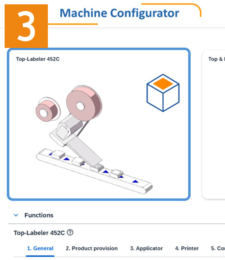 Top Labeler 452C with two rollers and an application element, presented in a technical configuration layout.