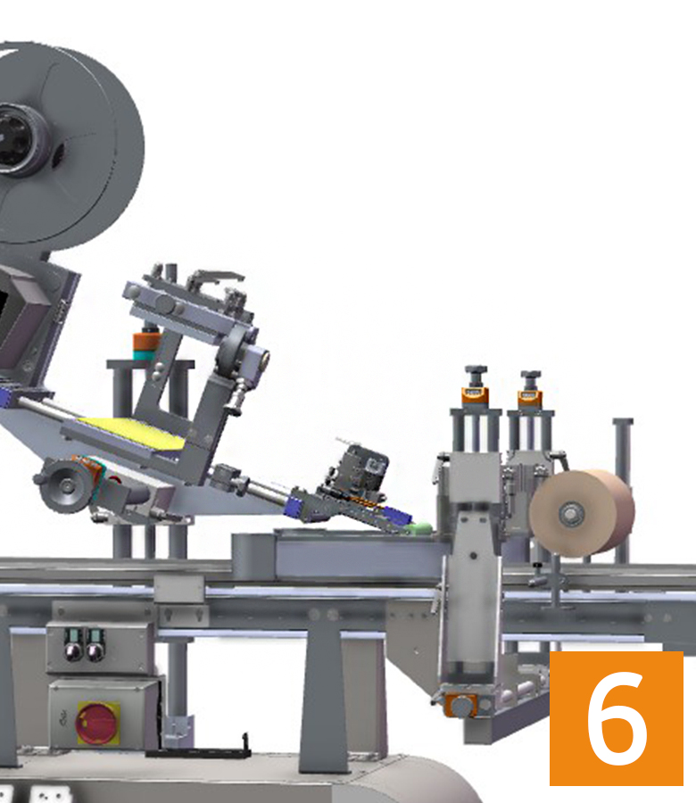 Machine for processing materials with rollers, conveyor belt, and various mechanical components. Number 6 highlighted.