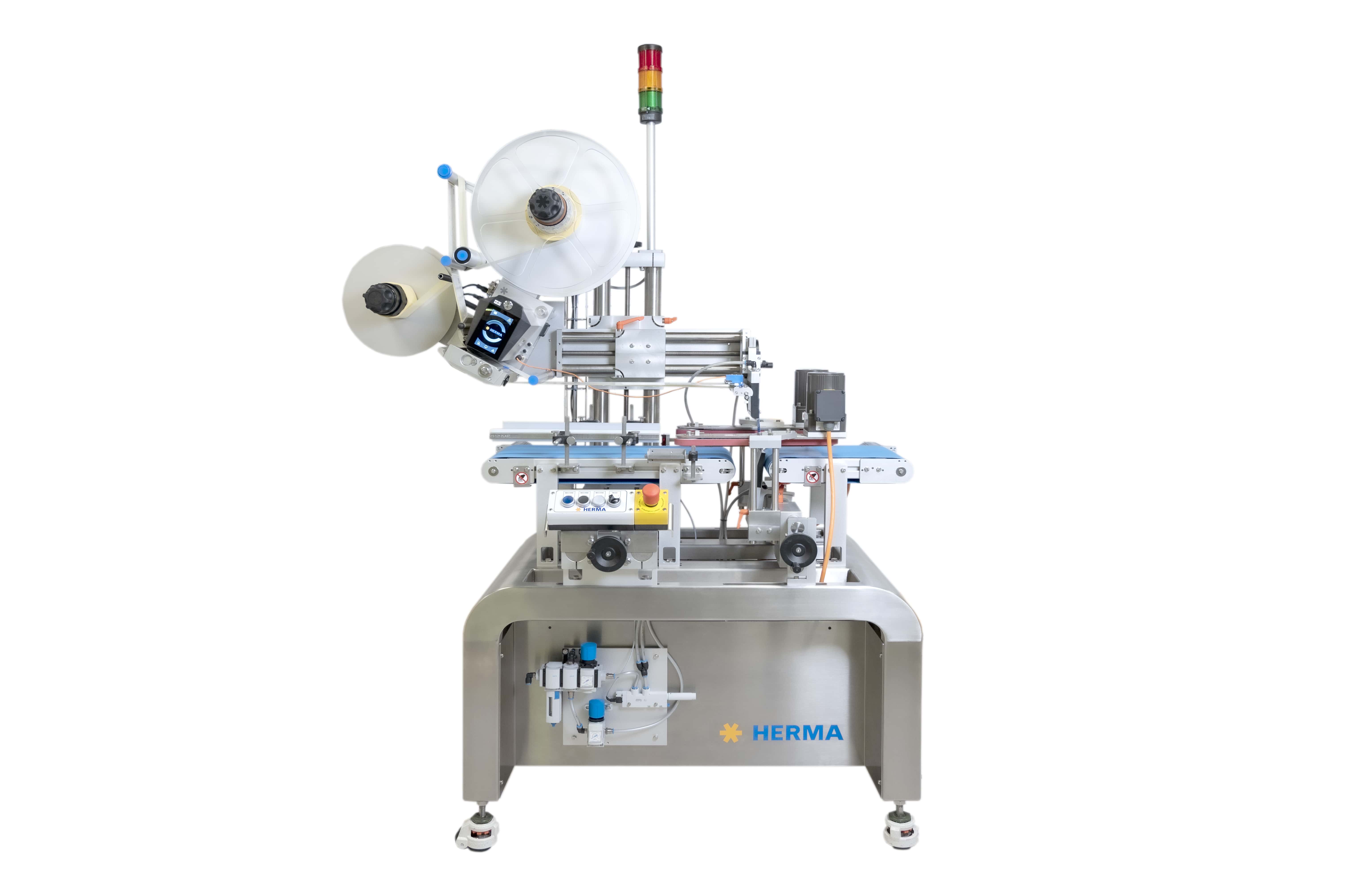 Automatic labeling machine with two rollers, control unit, and a sturdy stainless steel frame.