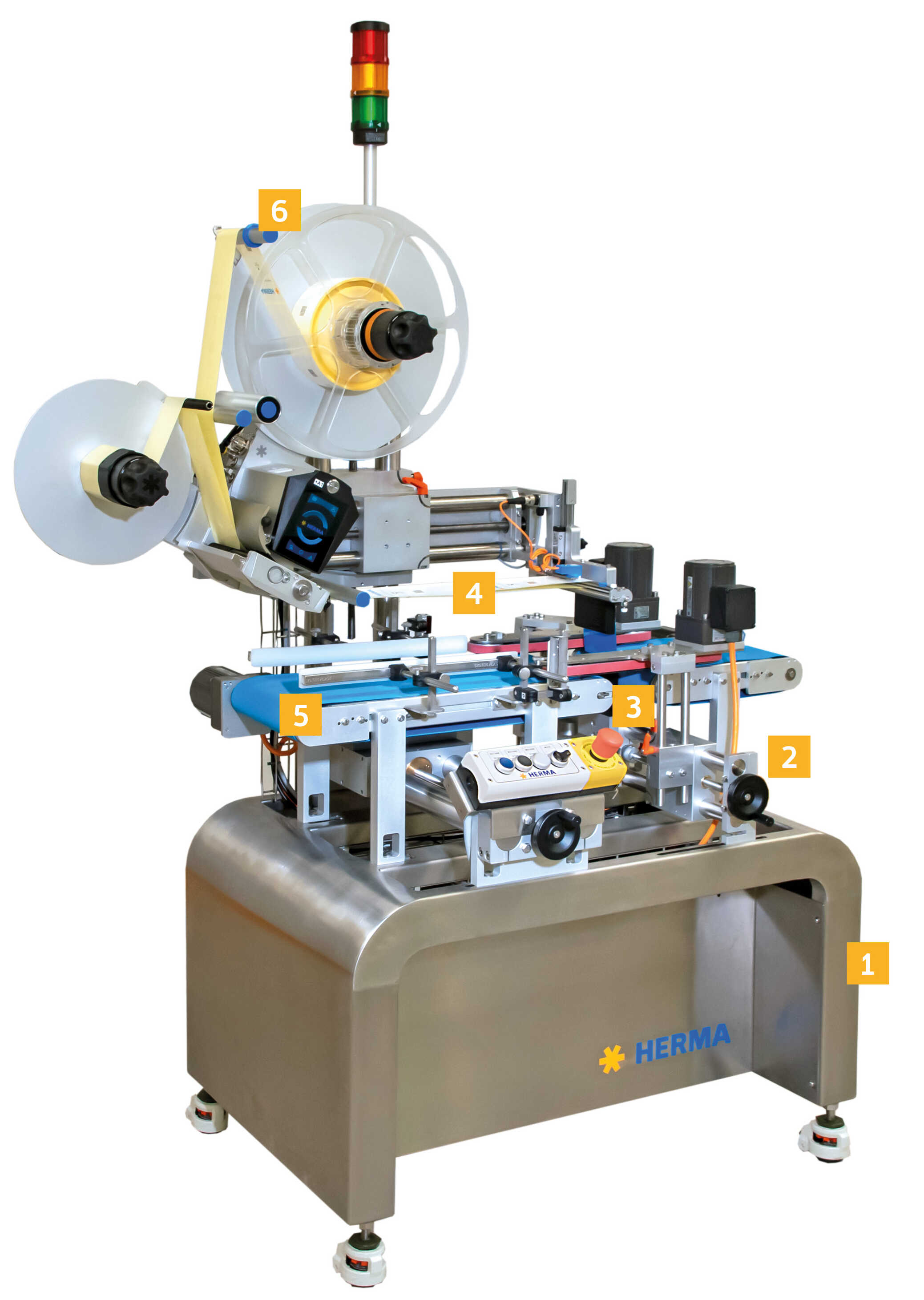 Automatic labeling machine with multiple rolls, control elements, and a sturdy stainless steel frame.
