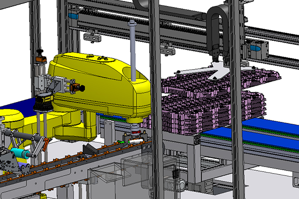 Industrial robots in an automated production line handling a stack of products on a conveyor belt.