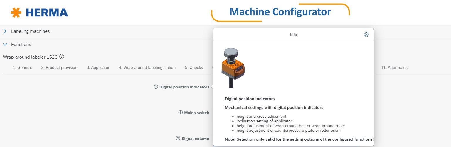 HERMA Machine Configurator with information on digital position indicators and mechanical settings for labeling machines.