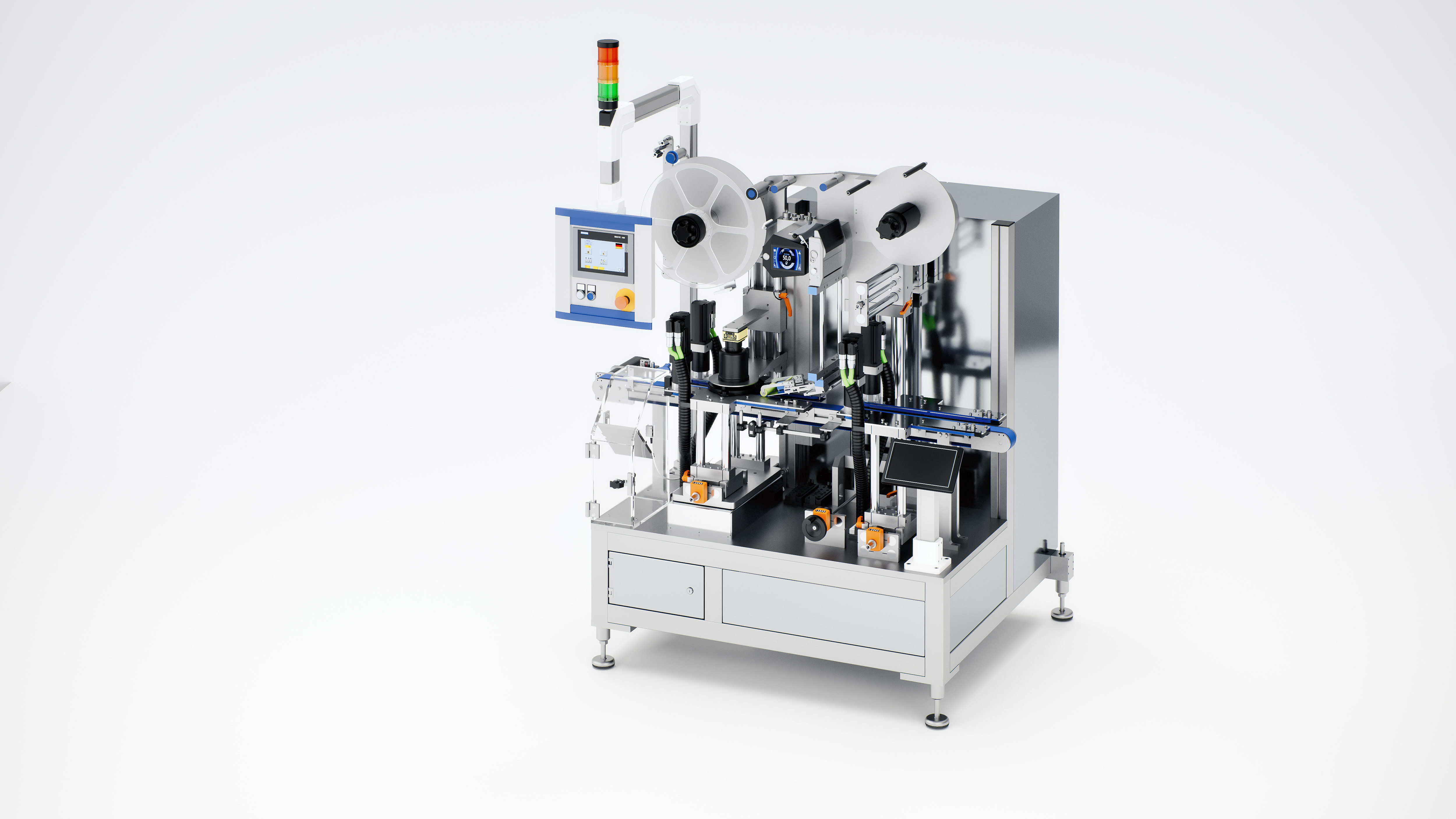An industrial machine with two spools, a control unit, and several mechanical components for processing or labeling products.