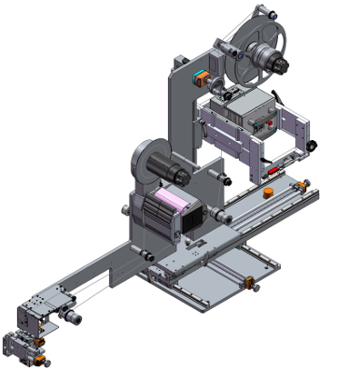Technical drawing of a machine component featuring a motor, control unit, and movable slide for precise applications.