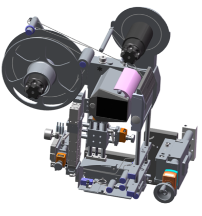 Technical drawing of a machine model featuring two large wheels, a central housing, and various mechanical components.