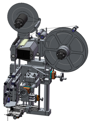A technical drawing of a film projector featuring two large film reels and various mechanical components for film guidance.