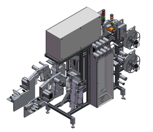 Machine for processing materials with multiple conveyor belts, motors, and control elements, presented in a technical depiction.
