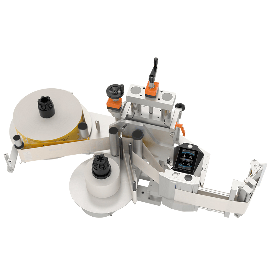 An industrial labeling machine with two rollers, a conveyor belt, and various controls for labeling products.