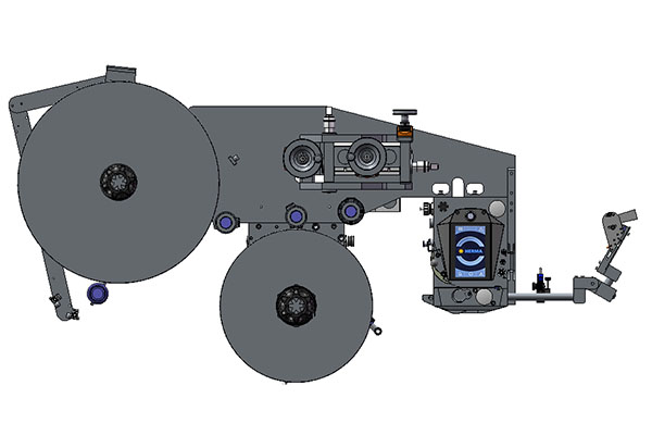 Technical drawing of a machine with two large rollers, drive elements, and a control unit designed for industrial applications.