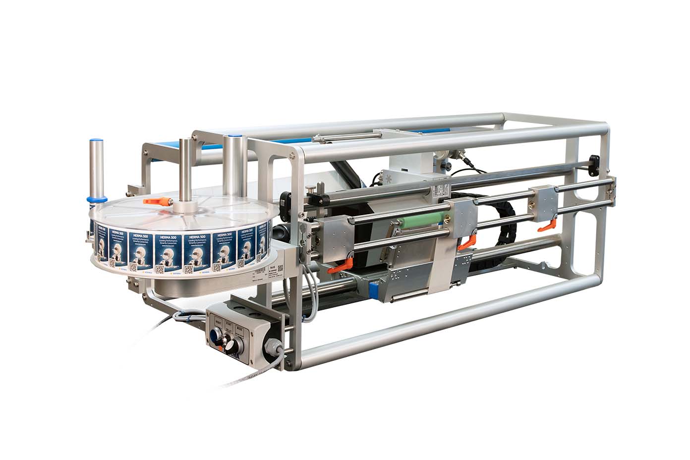 Automatic labeling machine with a rotating label disc and mechanical components for applying labels to products.