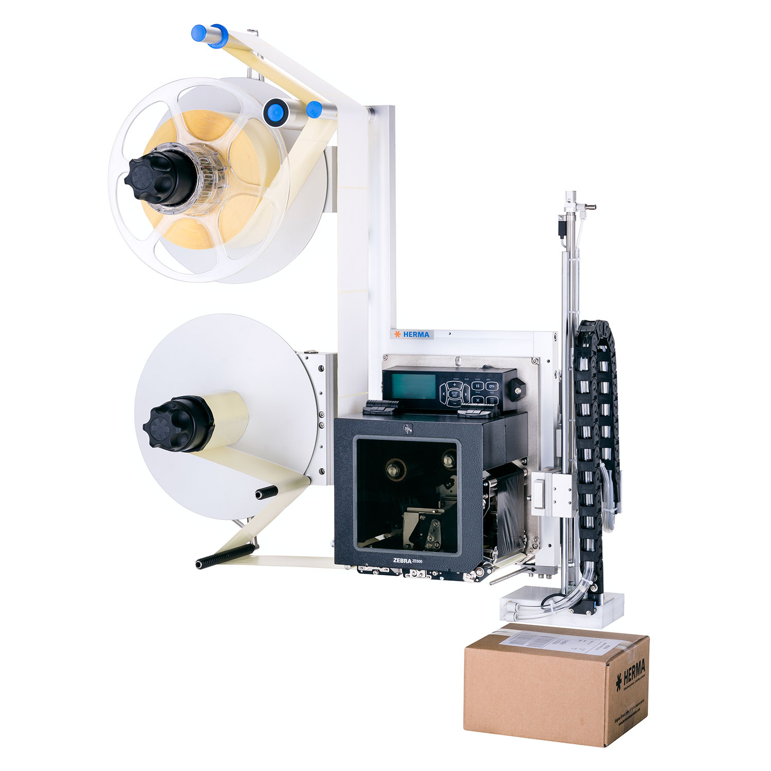 Label printer with two rolls, a printing mechanism, and a control unit, next to a box.