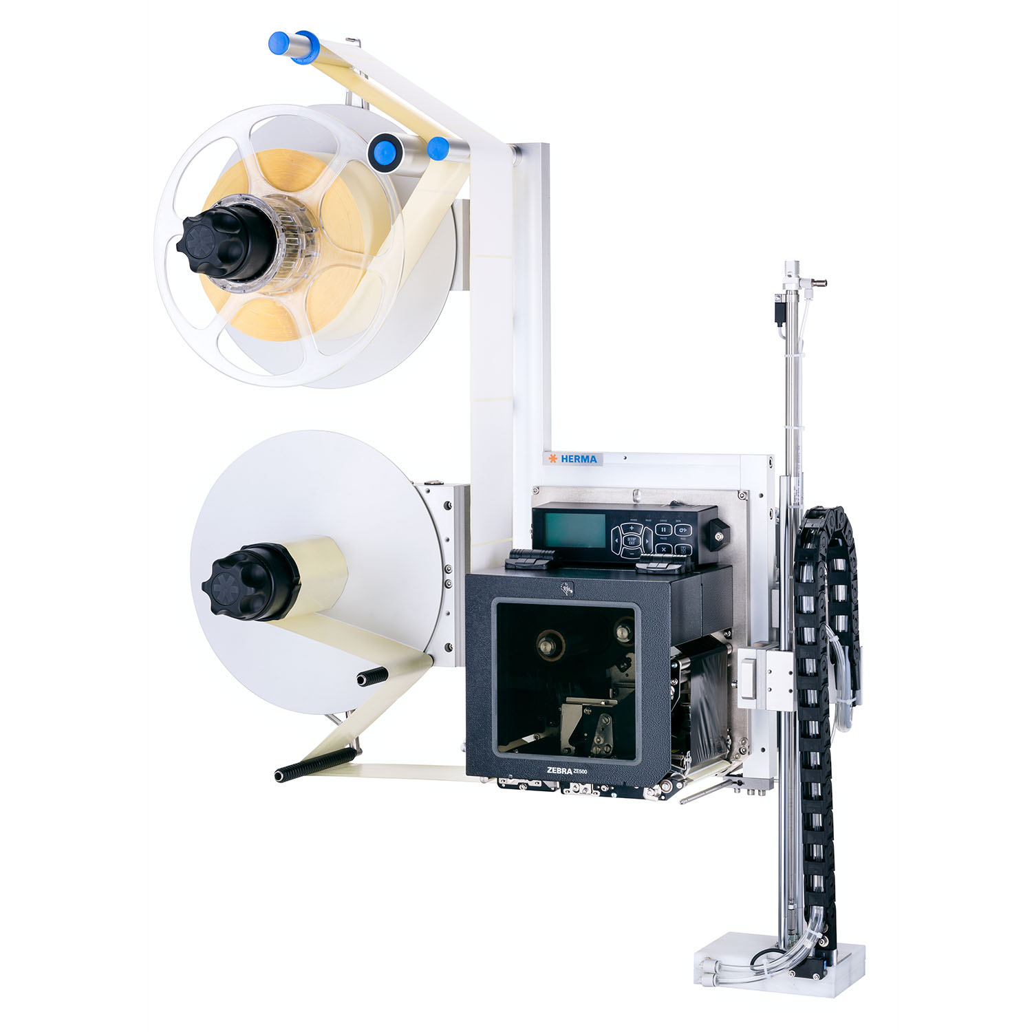 A label printer with two rolls, a printing unit, and a control device, suitable for industrial applications.