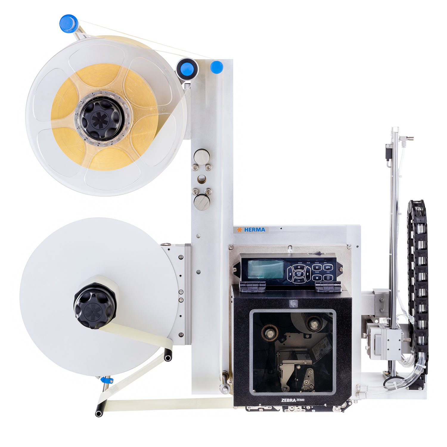 Labeling machine with two rollers, control unit, and an output mechanism. Ideal for industrial applications.