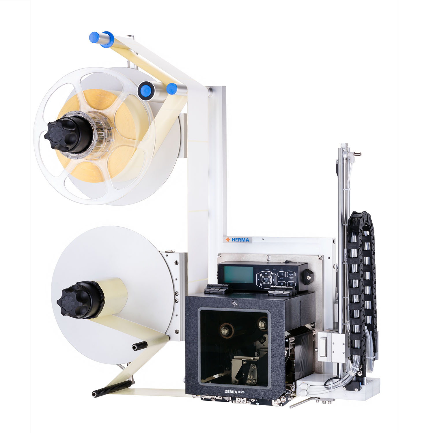 Label printer with two rolls, a control panel, and a housing for the printing unit. Ideal for industrial applications.