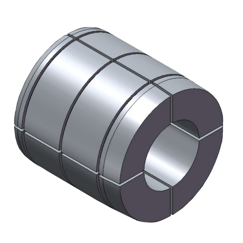 Cylindrical metal part with a central opening and several grooves, commonly used in mechanical applications.