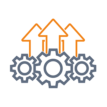 Three gears with upward arrows above them symbolize progress and efficiency in a technical context.