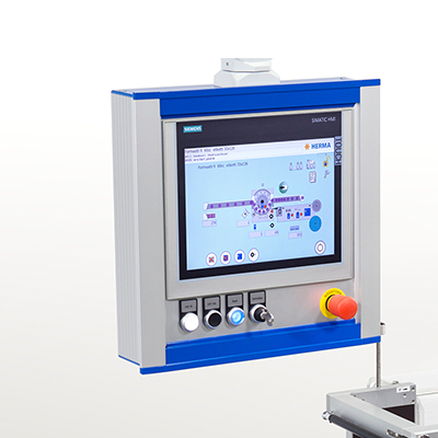 Control unit with touchscreen, buttons, and emergency stop switch, used for industrial applications to monitor and control processes.