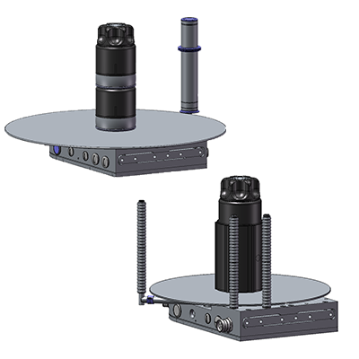 Technical drawing of a device featuring a cylindrical element on a round platform, equipped with various connections and screws.