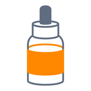 A bottle with a dropper that features an orange label strip. The bottle has a gray cap and a transparent body.