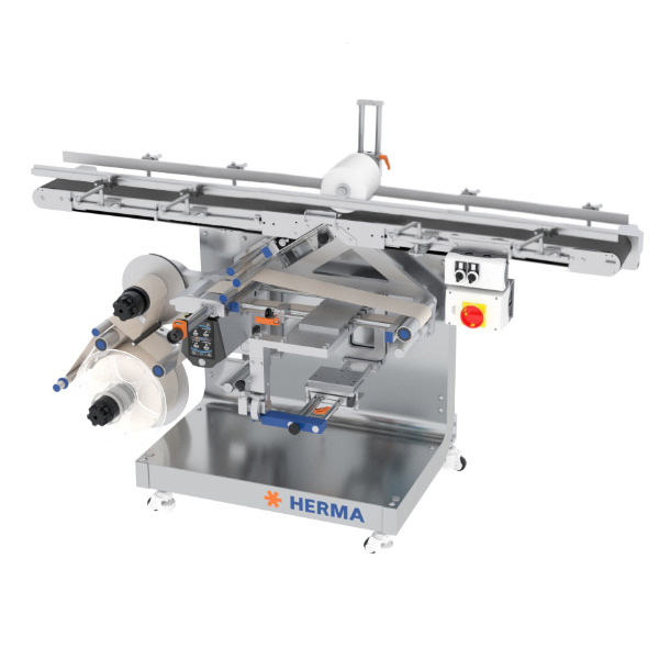 Automatic labeling machine with multiple rolls, control unit, and a sturdy frame. Ideal for industrial applications.
