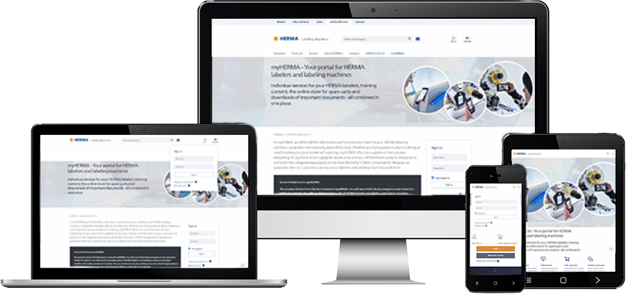 Several devices display the HERMA website, which provides information on labels and packaging solutions.