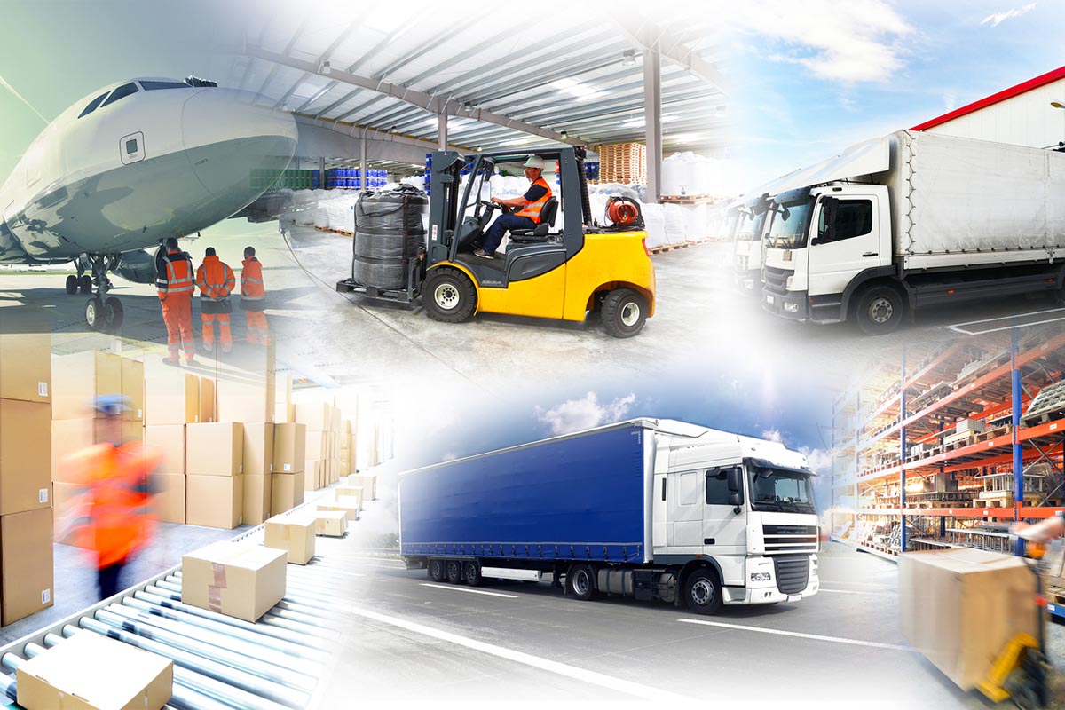 Collage: various modes of transportation in the logistics sector