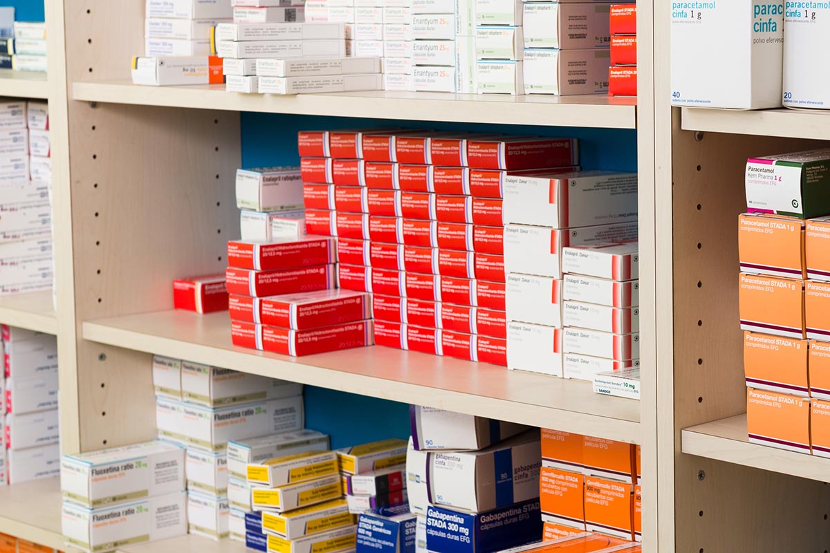 Pharmaceutical packaging on the shelf in the pharmacy.
