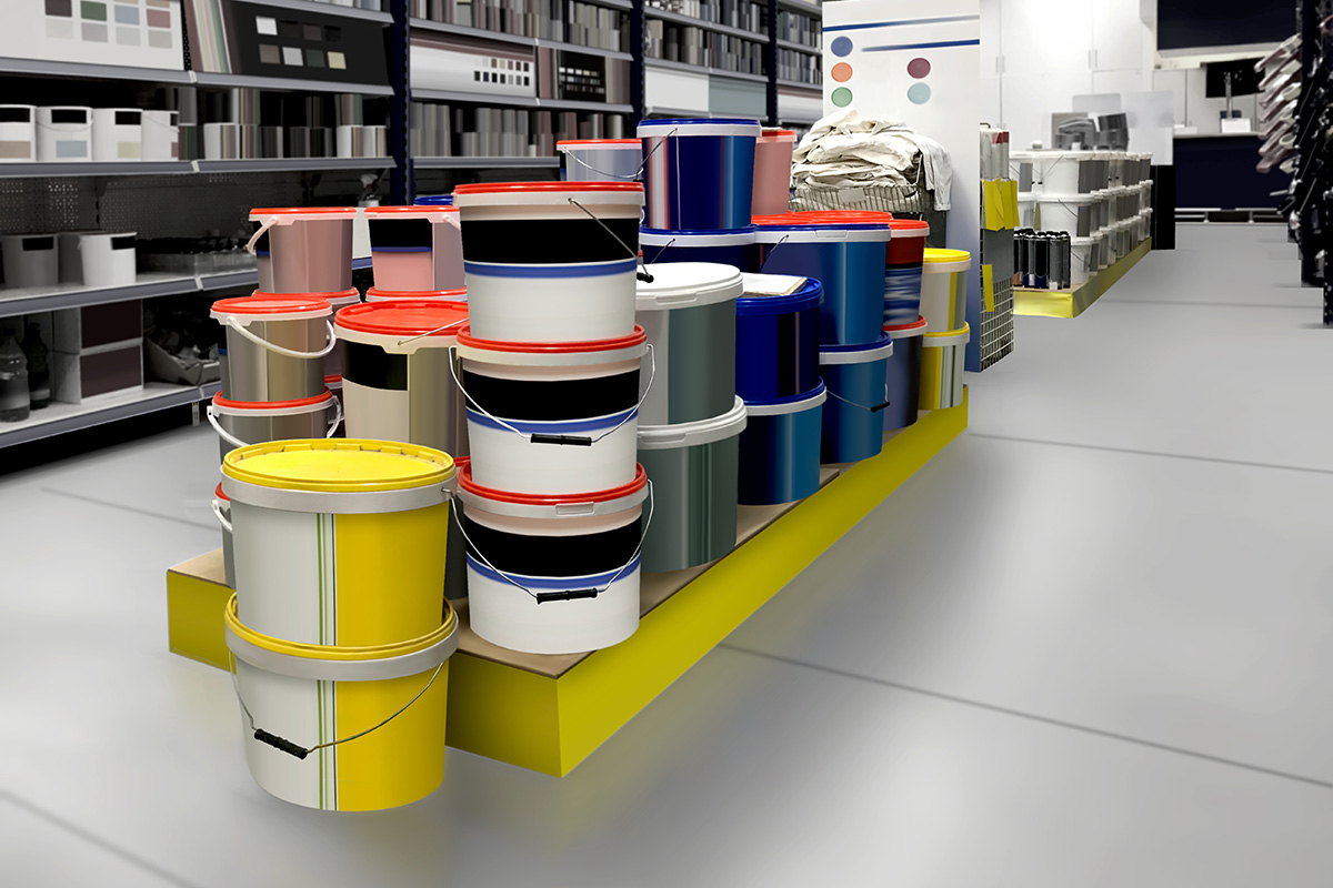Solutions for the Construction Materials Sector: Paint Buckets with Digital Print Labels at the Hardware Store