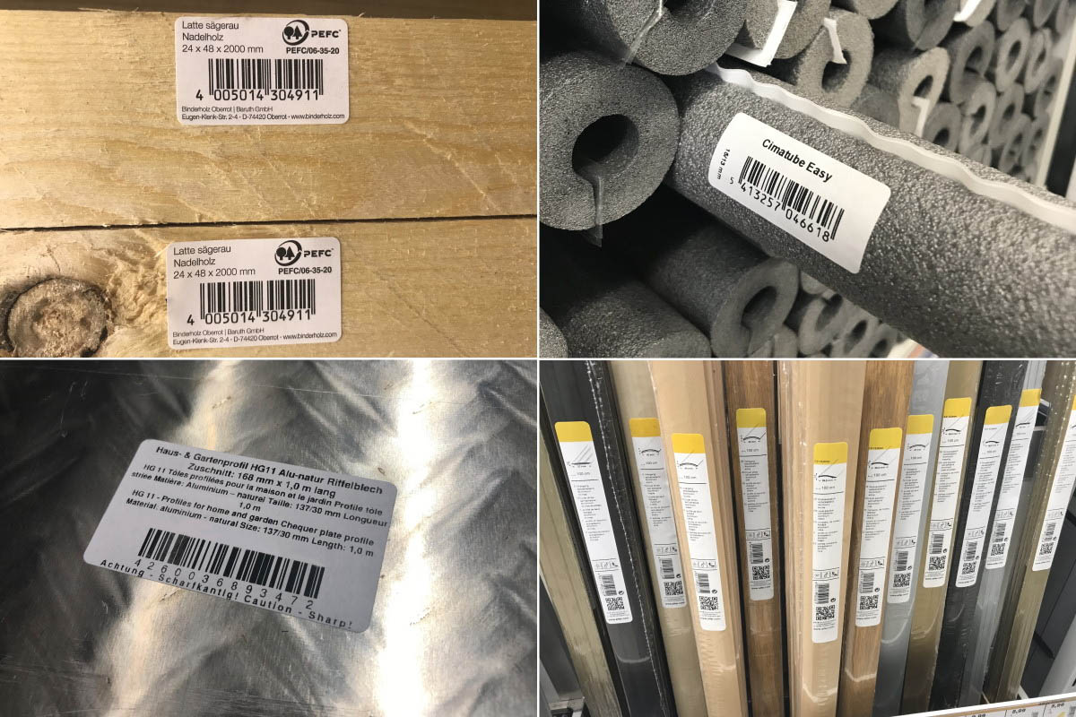 Solutions for the construction materials sector: Product labels with special properties for challenging surfaces (wood, Styrofoam, checker plate, shrink film)
