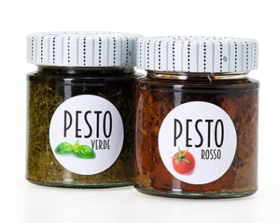 Labels for pesto on jars in the private sector