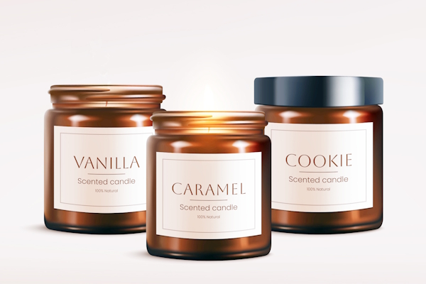 Etsy candle labels: 3 candles in brown glass jars, labelled with information about the manufacturer and the scent of the candles.