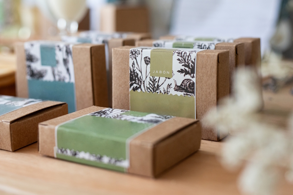 Etsy product labels for soap: printed labels wrapped around a plain brown cardboard box serve as both product labels and closure labels.