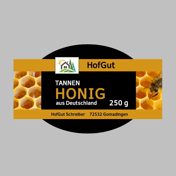 Order roll labels online in digital printing: honey label in custom shape, gray background.