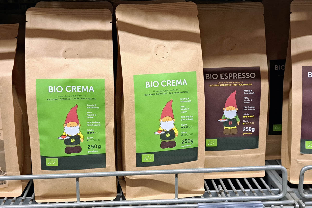 Order roll labels online in digital printing: Coffee labels on packages on the shelf.