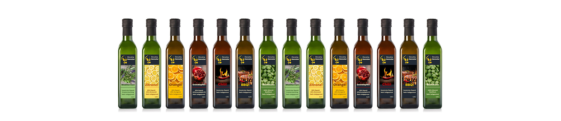 Order roll labels online in digital printing: various oil labels for bottles, landscape format.