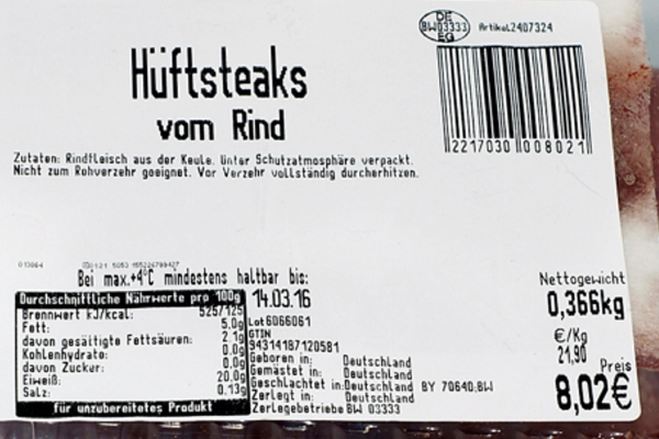 Meat label with barcode and origin information