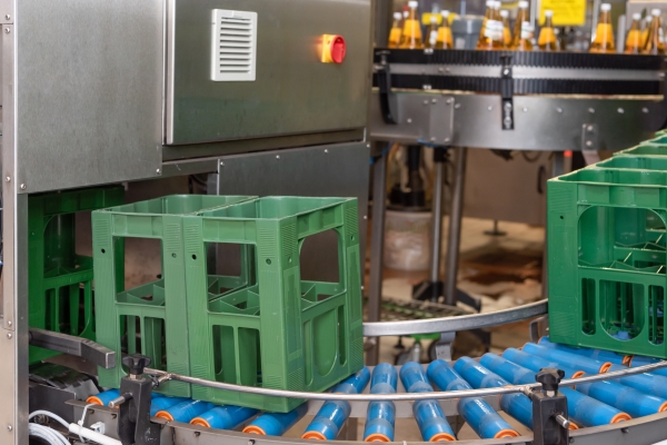 Drink crates in the bottling plant