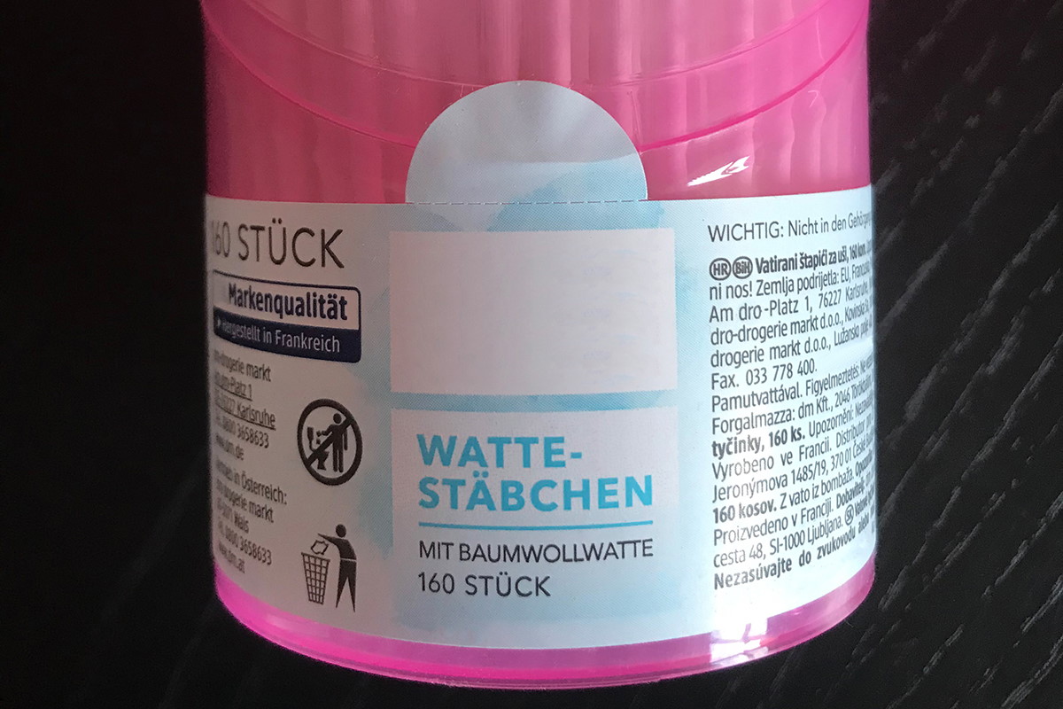Two-in-one product label and closure labels, digital printed labels in custom shape on cotton swab container.