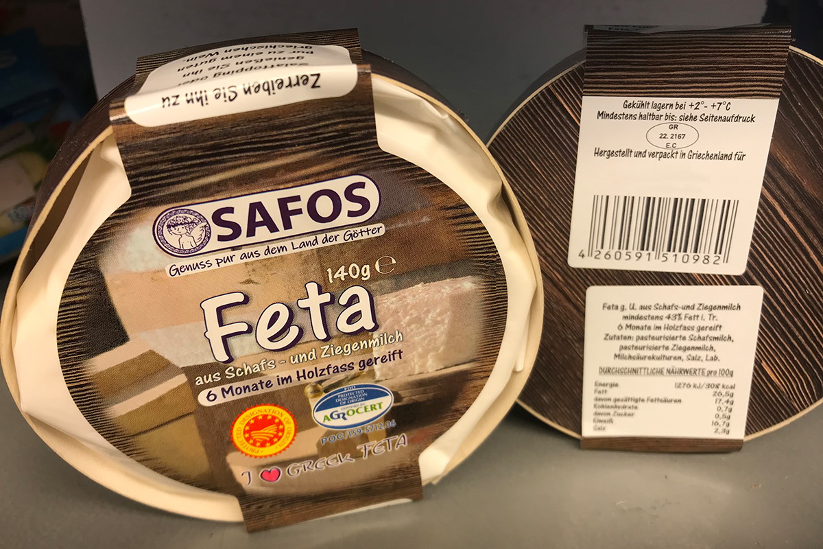 Food Solutions: Two-in-one product and closure label, pre-printed in color, later printed with thermal transfer including content, MHC, barcode, on cheese packaging.